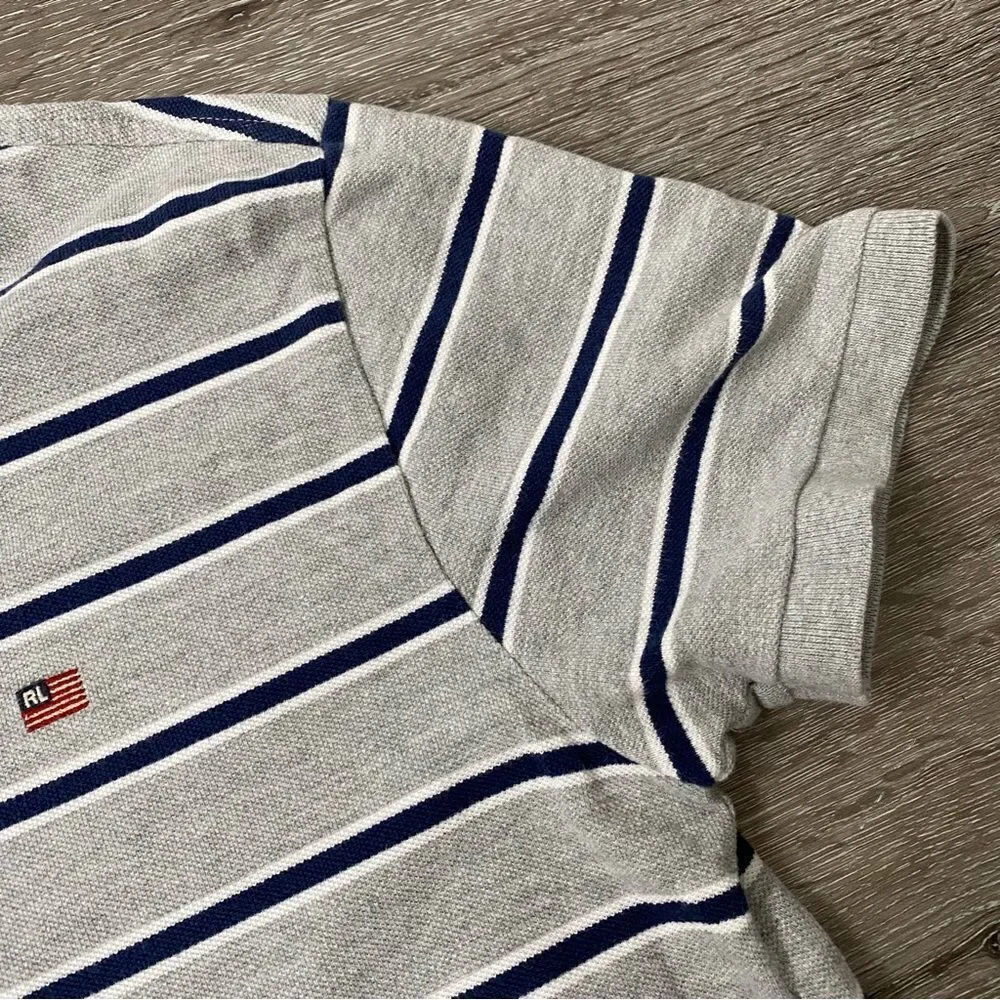 Ralph Lauren Striped Polo Short Sleeve Shirt Gray Blue SZ M